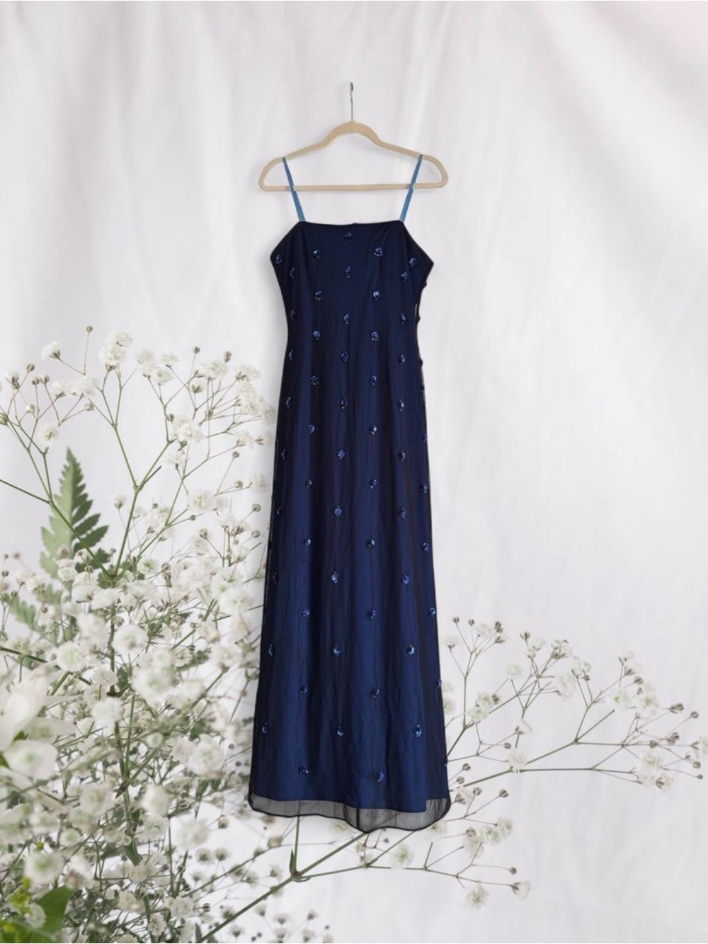 Adrianna Papell Black Mesh Blue Beaded Rosette Strapless Dress